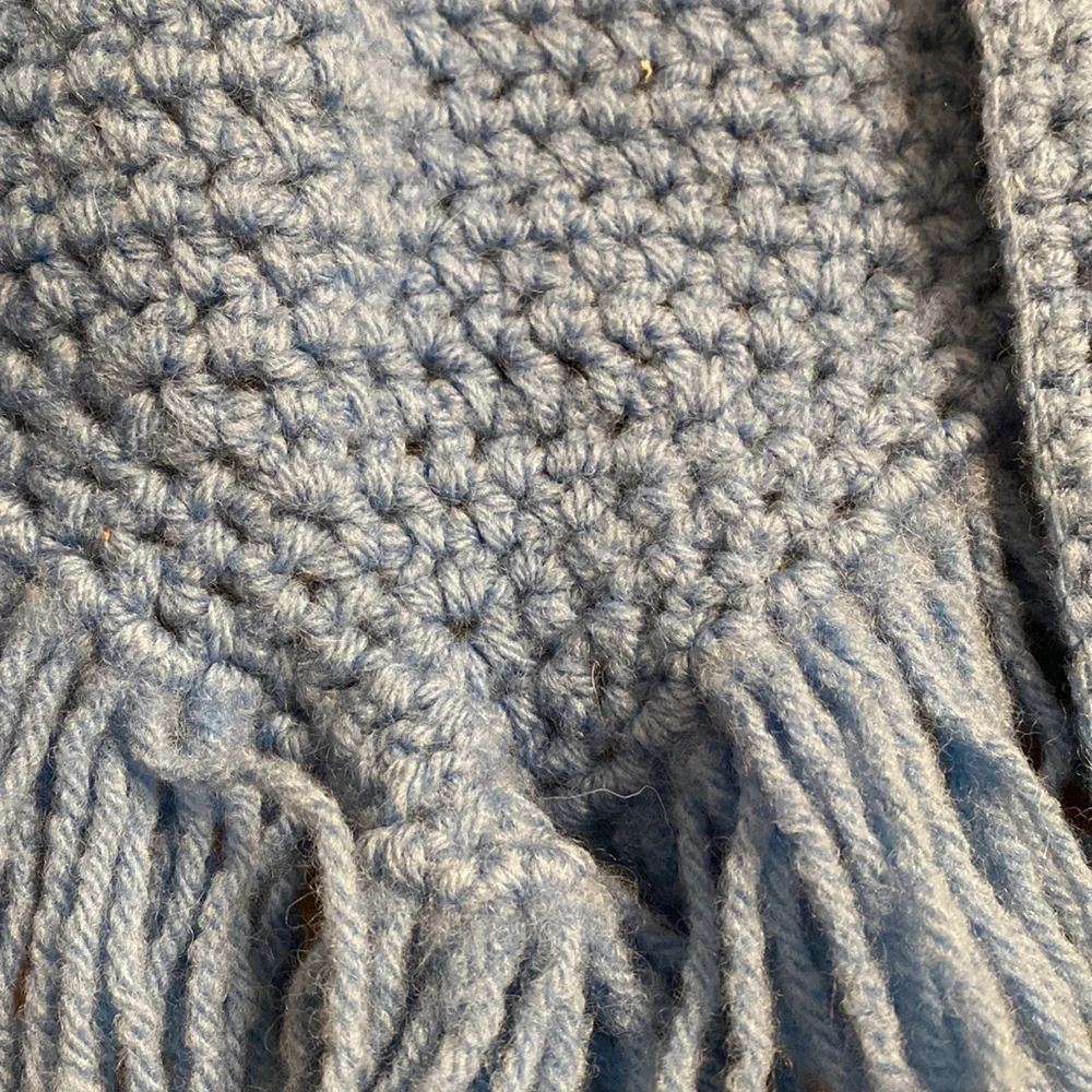 New blue crochet BOHO shawl Petite-24” neck to point w/out 3 1/2” fringe - Picture 3 of 4